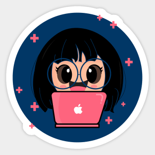 Cute Girl with Laptop Cartoon Sticker